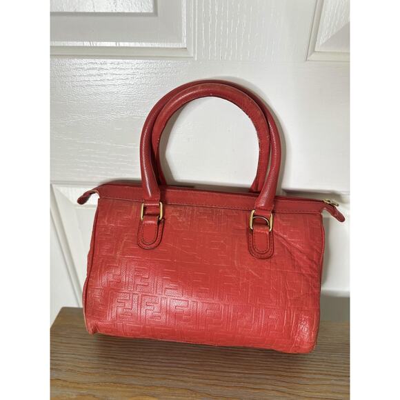 Vintage Fendi Handbag Womens Red Leather FF Logo Boston Satchel Made Italy 80s - Picture 4 of 16